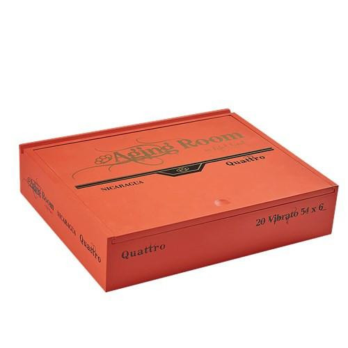 Aging Room Quattro Nicaraguan Cigars 20Ct. Box, an orange box containing 20 cigars, with branding and product details on the lid.