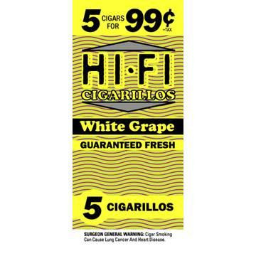 Hi-Fi Cigarillos 15/5Ct, promotional flyer advertising five white grape flavored cigarillos for 99 cents with guaranteed freshness and a warning about smoking risks.