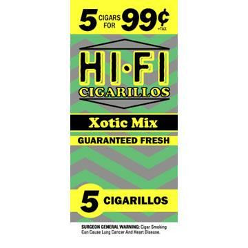 Hi-Fi Cigarillos 15/5Ct, packaging of cigarillos with bright yellow and gray zigzag design, featuring the product name and flavor 'Xotic Mix' along with pricing and health warning.