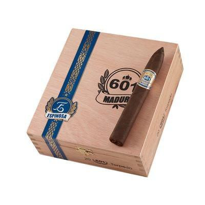 601 Blue Maduro Torpedo Cigars 20Ct. Box-Pressed, cigar placed on a wooden box with blue and gold design and logo.