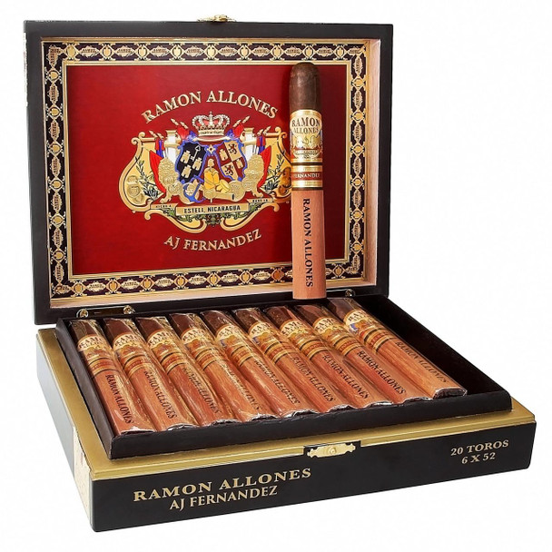AJ Fernandez Ramon Allones Toro Cigars 20Ct. Box, open cigar box displaying neatly arranged cigars with detailed gold and red branding inside the lid.