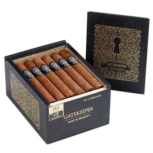 Alec Bradley Alec & Bradley Gatekeeper Corona Cigars 20Ct. Box with 24 cigars inside, featuring a black and gold decorative design on the box lid and compartments.