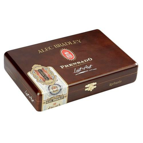 Alec Bradley Prensado Lost Art Robusto Cigars 24Ct. Box, elegant wooden cigar box with gold accents and embossed logo.