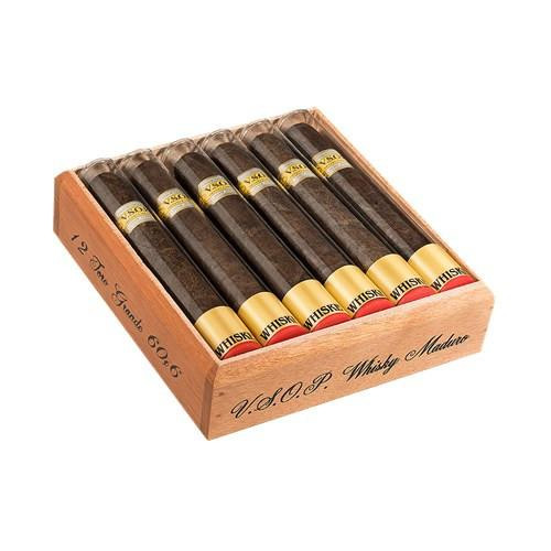 VSOP Whiskey Cigars, a box of six premium cigars with gold and red band labels, arranged in a wooden box labeled 'V.S.O.P Whiskey Maduro' for luxury smoking experience.