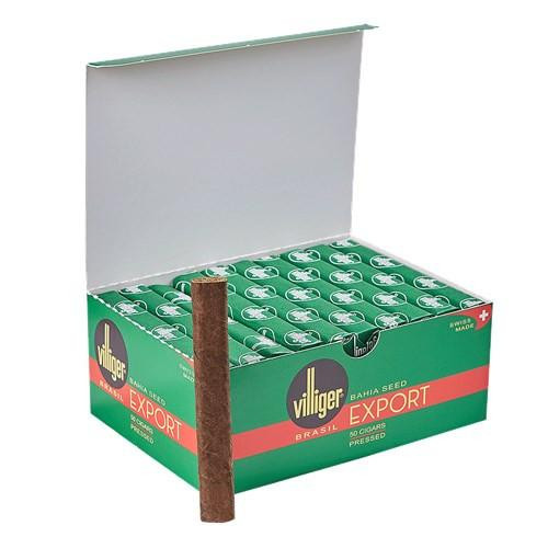 Villiger Export Cigars, a box of pressed cigars with one cigar displayed outside the box.