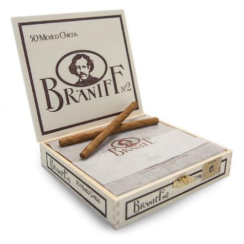 Villiger Braniff Cigars, vintage cigar box with two cigars placed on top, featuring branding and logo on the packaging.
