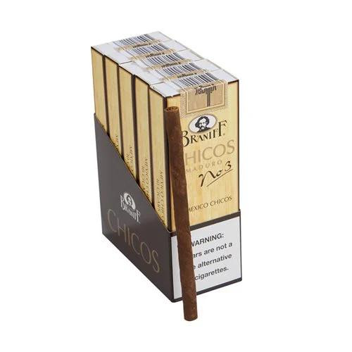 Villiger Braniff Cigars, pack of cigars with one cigar placed outside the box showing the cigar's brown color and slender shape.