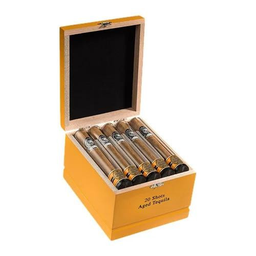 Victor Sinclair Shots Cigars, open wooden box containing 20 aged tequila-flavored cigar shots.