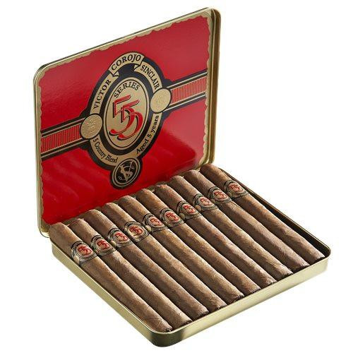 Victor Sinclair Serie '55' Petites Cigars, open metal tin box with ten small cigars neatly arranged inside.