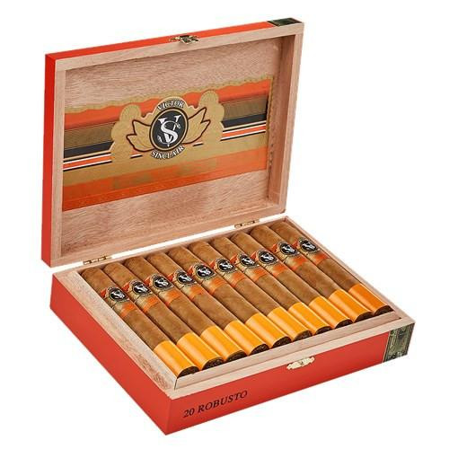 Victor Sinclair Primeros Cigars, a box of 20 robust cigars with a wooden interior and orange bands.