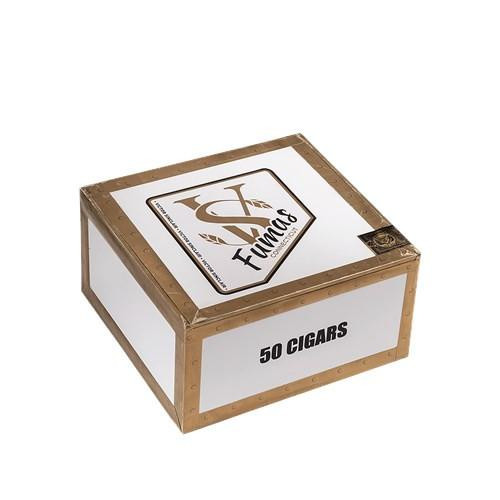Victor Sinclair Fumas Cigars, a box of 50 cigars with a white and gold design and branding on the packaging.