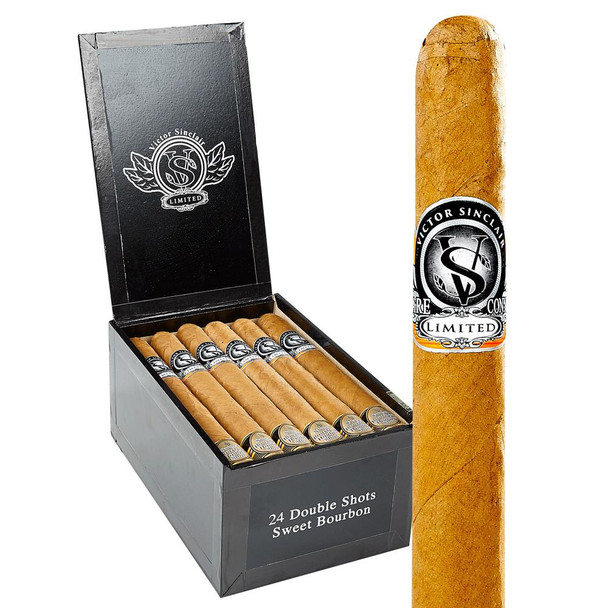 Victor Sinclair Double Shots Cigars 24Ct. Box, a black box containing 24 double shot cigars with a close-up of one cigar displaying the label.