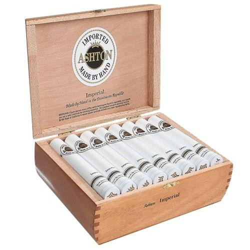 Ashton Cigars Ashton Imperial Tubo Corona Cigars 24Ct. Box, wooden cigar box with 24 cigars inside, featuring branding and packaging details.