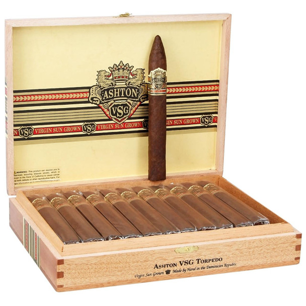 Ashton Cigars Ashton VSG Cigars Torpedo 24Ct. Box, open wooden cigar box displaying wrapped cigars with one torpedo cigar standing upright inside.