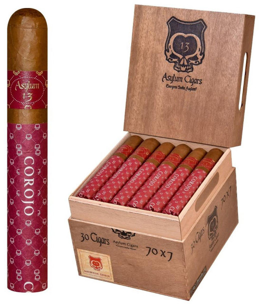 Asylum 13 Authentic Corojo Double Churchill Cigars 30Ct. Box, wooden cigar box with 7 cigars wrapped in red banded wrappers inside.