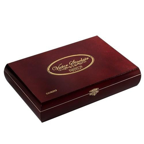 Victor Sinclair Cabinet 99 Cigars, wooden cigar humidor box with a polished dark red finish and gold logo on the lid.