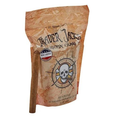 Trader Jack's Sunrise Cigars, a brown resealable bag featuring a skull with crossed cigars and a circular logo indicating it's made in America.