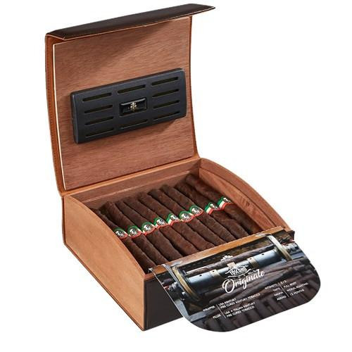Toscano Originale Cigars, a wooden box containing multiple cigars with branded bands, with a humidifier inside the lid