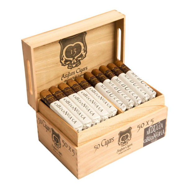 Asylum 13 Medulla Oblongata 550 Cigars 50Ct. Box, wooden cigar box with cigars inside, featuring the brand's logo and packaging details.