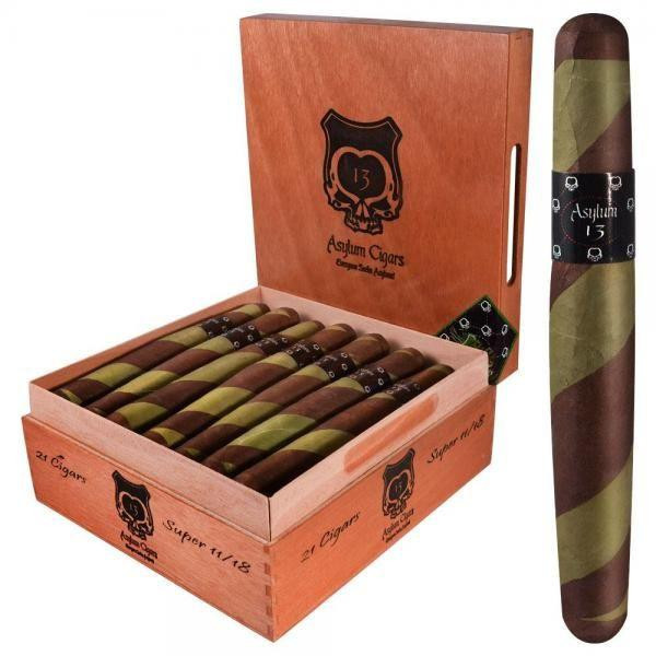 Asylum 13 Ogre Super 11/18 Cigars 21Ct. Box, image of a wooden cigar box with 21 cigars inside and one cigar outside the box, featuring a black band with the Asylum 13 logo.