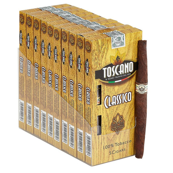 Toscano Cigars, display of five cigar packs with one cigar outside the pack, showcasing the premium tobacco quality and classic design.