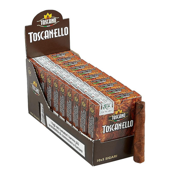 Toscanello Cigars, display box with multiple small cigars in earthy brown and orange packaging featuring the brand name and logo.