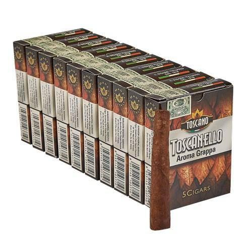 Toscanello Cigars, box of 5 aromatic grappa cigars in colorful packaging.