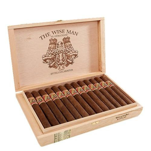 The Wise Man Maduro 'El Gueguense' Cigars, wooden box open revealing wrapped cigars inside, with the brand's logo and design on the inner lid.