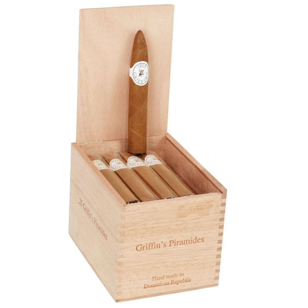 The Griffin's Cigars, wooden box with four cigars and one standing cigar, hand-made in Dominican Republic.