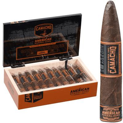 Camacho American Barrel-Aged Torpedo Corto Cigars 20 Ct. Box, open cigar box displaying 20 cigars with a cigar standing upright outside the box.
