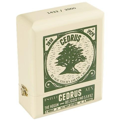 Southern Draw Cedrus Cigars, white cigar box with green label featuring a large tree graphic and text describing the product details.
