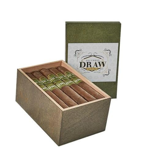 Southern Draw Cedrus Cigars, open box of premium cigars with green and brown bands inside a decorative box with a Southern Draw logo on the lid.