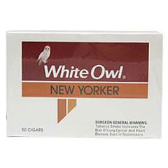 Swedish Match White Owl New Yorker Cigars Box, front view of the white rectangular box with red and orange accents and a white owl logo.