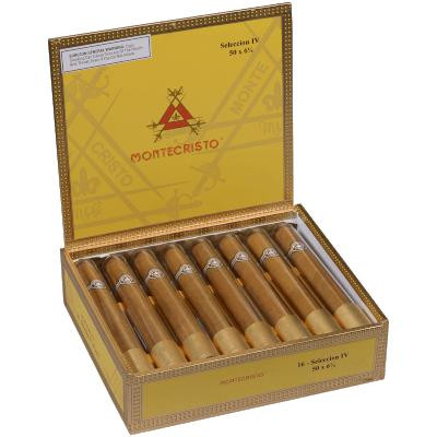 Montecristo Classic Seleccion IV (Dbl Corona) Cigars Tube 16 Ct. Box, yellow box with cigars arranged inside, featuring Montecristo branding and packaging details.