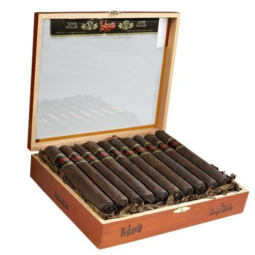 Bohemian Black Oscuro Big Sur Cigars 10Ct. Box, image of a wooden cigar box containing ten dark, wrapped cigars with colorful bands, open to display the cigars inside.