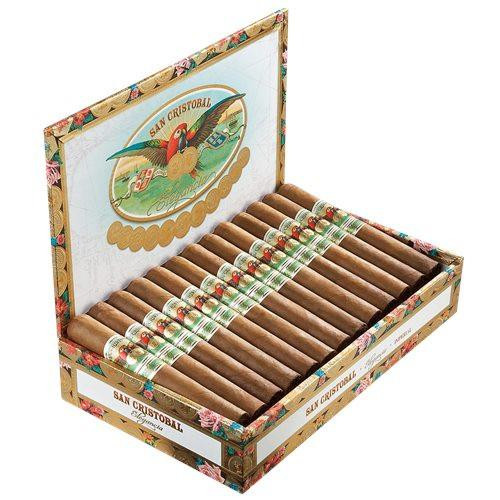 San Cristobal Elegancia Cigars, a box of premium cigars with colorful decorative packaging and wooden finish.