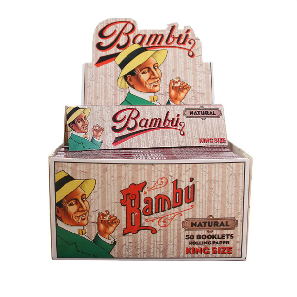 Big Bambu Papers Big Bambu Cigarette Papers Natural 50Ct, packaging featuring a vintage illustration of a man with a cigarette and a hat, holding a tiny pack of paper, emphasizing natural and king size rolling papers.