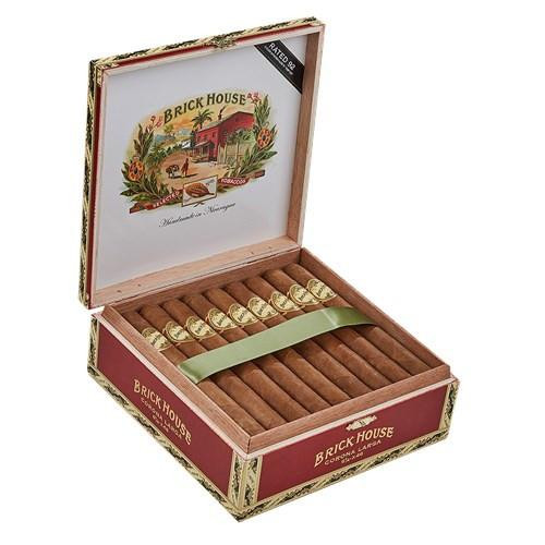 Brick House Corona Larga Cigars 25 Count Box, opened with cigars neatly arranged inside and colorful branding on the packaging.