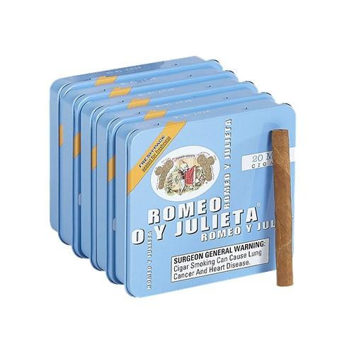 Romeo y Julieta Miniatures Cigars, image of multiple tins of Romeo y Julieta miniature cigars with a single cigar placed next to the tins.
