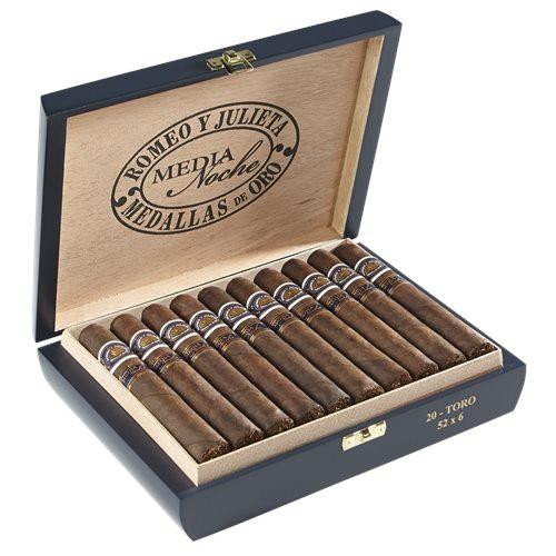 Romeo y Julieta Media Noche Cigars, a wooden cigar box containing 20 cigars with elegant bands, displayed open to show the neatly arranged cigars inside.