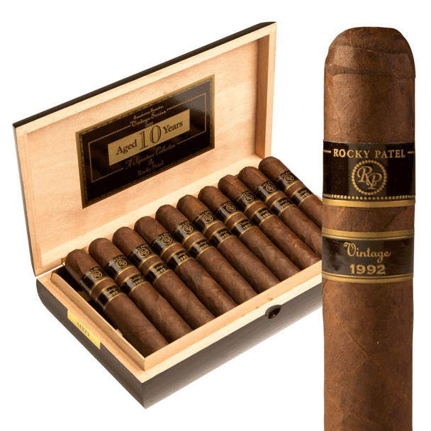 Rocky Patel Vintage 1992 Cigars, a premium cigar in a wooden box with 10 aged cigars inside and a close-up of one cigar with black and gold band.