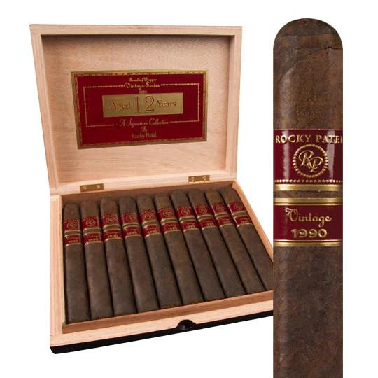Rocky Patel Vintage 1990 Cigars, an open wooden box containing 12 cigars with a close-up of one cigar showing its band.