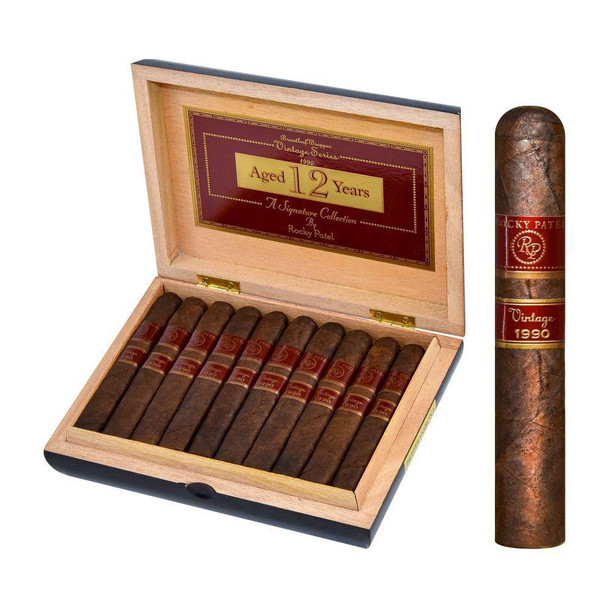 Rocky Patel Vintage 1990 Cigars, a box of premium cigars with a single cigar shown alongside, featuring dark brown wrappers and red and gold labels on each cigar.