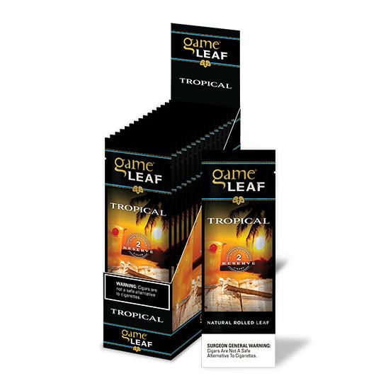 Swedish Match Game Leaf Cigars Tropical, display of 15 pouches of 2, natural rolled leaf cigars with tropical beach design on packaging.