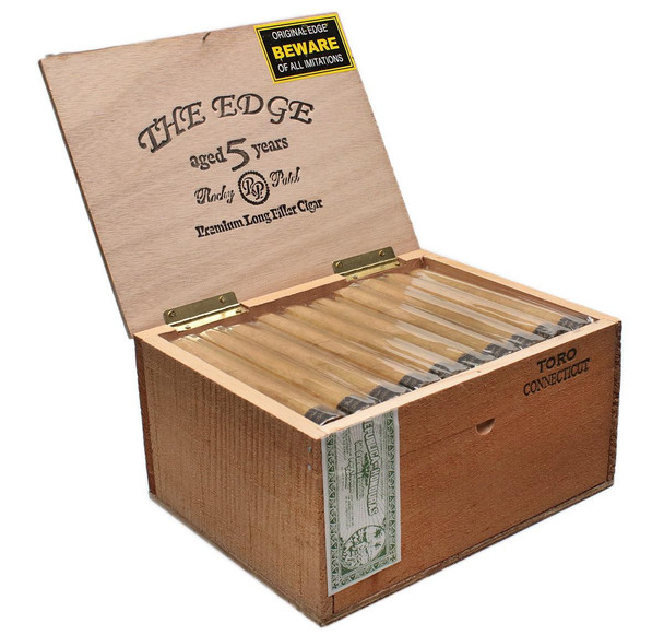 Rocky Patel The Edge Connecticut Cigars, open wooden cigar box with ten cigars inside and branding on the lid.