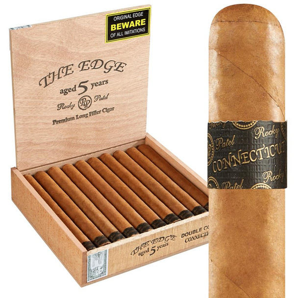 Rocky Patel The Edge Connecticut Cigars, boxed cigars with a smooth light brown wrapper and black band labeled 'Connecticut'.