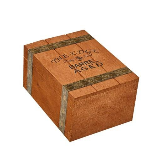 Rocky Patel The Edge Barrel-Aged Cigars, wooden cigar box with rustic design and leather straps.