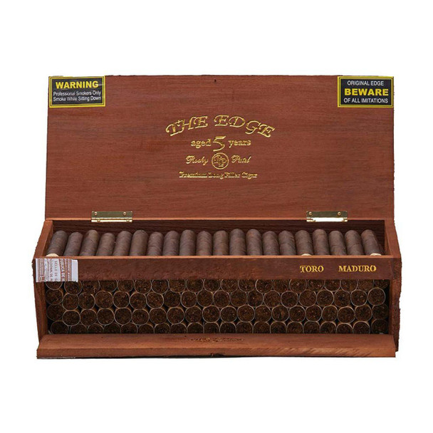 Rocky Patel The Edge Cigars, wooden cigar box with 20 cigars arranged in two rows and gold lettering on the lid and sides.