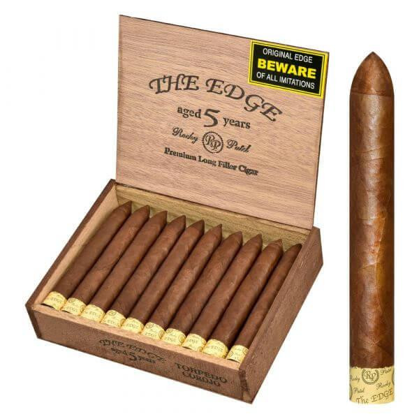 Rocky Patel The Edge Cigars, a box of premium long filler cigars with one cigar shown outside, featuring a smooth brown wrapper and gold band.