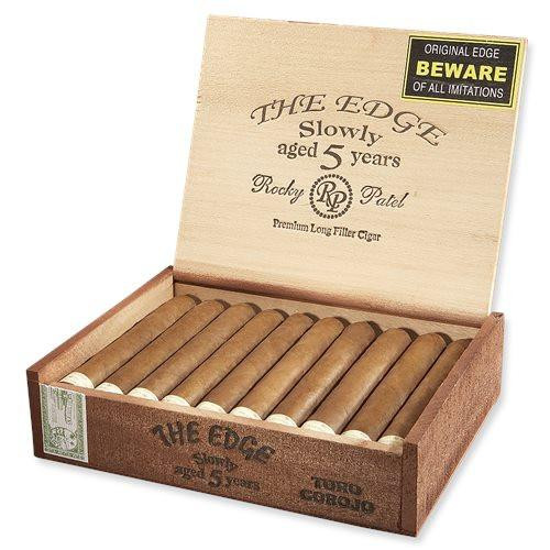 Rocky Patel The Edge Cigars, a box of premium cigars with a natural brown wrapper and a warning label on the lid.